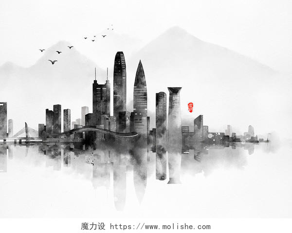 中国风水墨黑白城市深圳建筑城市背景
